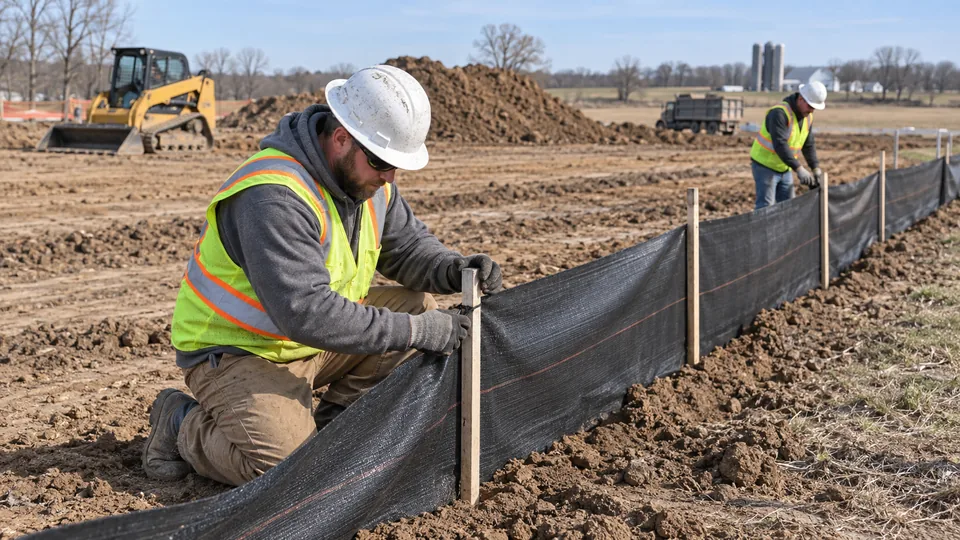 Illustrative scene: civil construction workers installing silt fence along a graded site